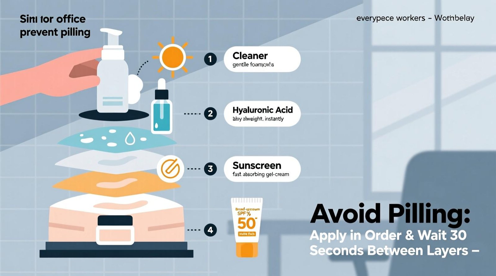 Skincare infographic showing common causes of sunscreen pilling under makeup and tips for smoother application