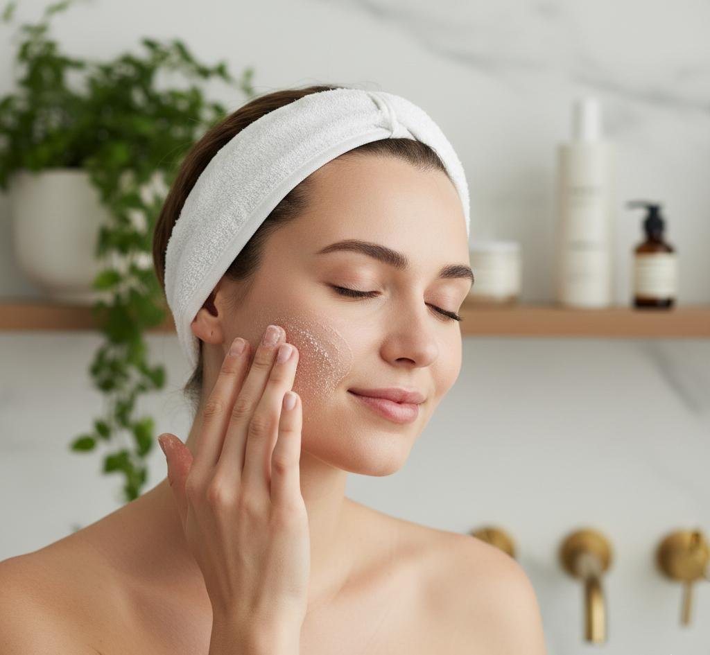 Gentle facial exfoliation as part of a skincare routine