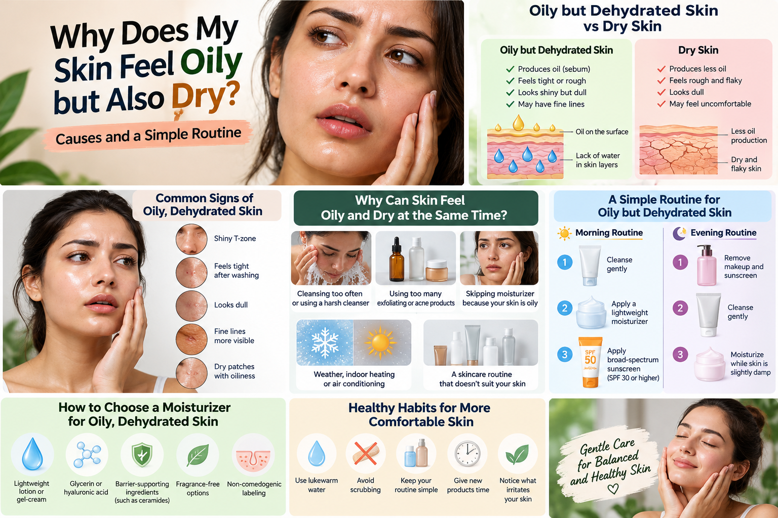 Infographic explaining oily but dehydrated skin, common causes and a simple skincare routine