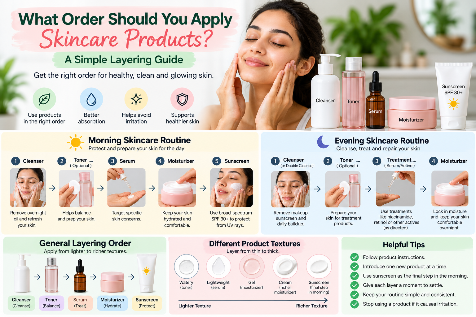 Correct order to apply skincare products in morning and evening routines