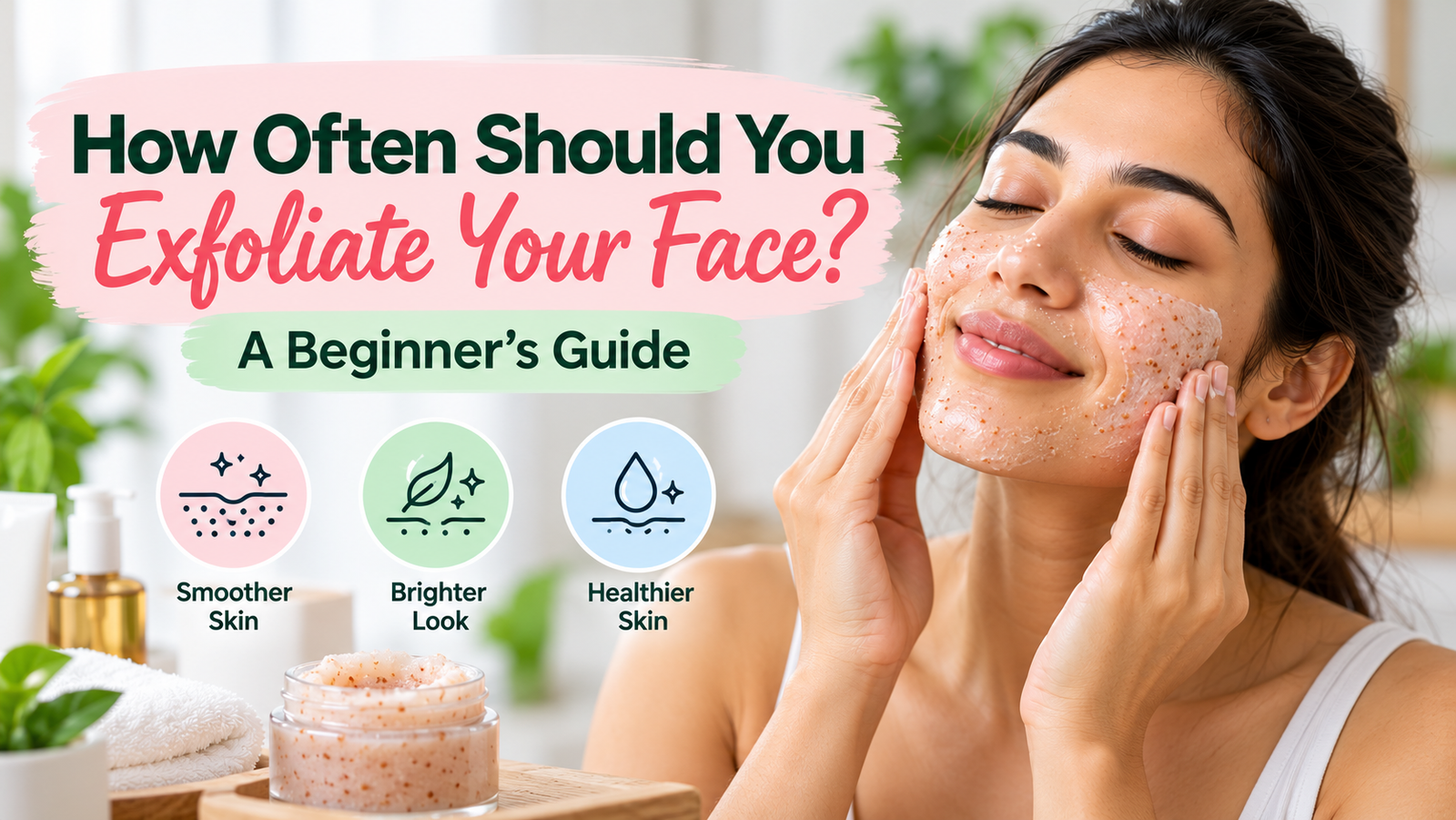 Woman gently exfoliating her face with a facial scrub