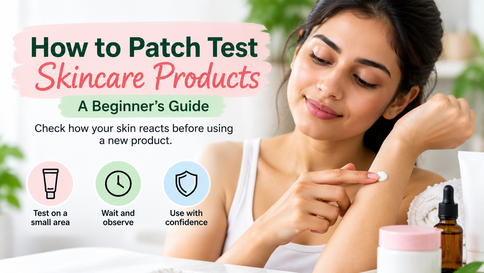 Woman patch testing a skincare product on her inner forearm